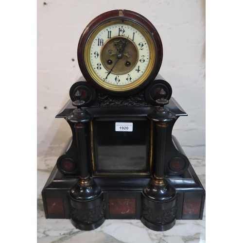 1920 - Large 19th Century black slate and rouge marble mantel clock, the enamel chapter ring with Arabic nu... 