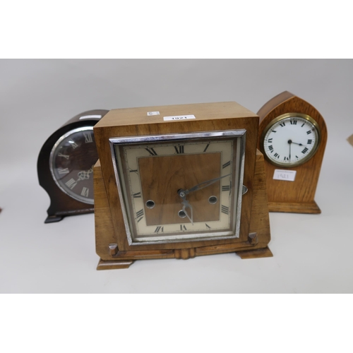 1921 - 1930's Walnut three train mantel clock, together with an oak two train mantel clock and am Edwardian... 