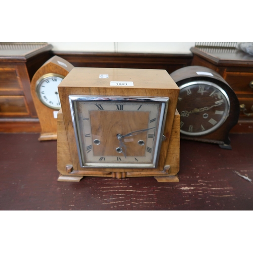 1921 - 1930's Walnut three train mantel clock, together with an oak two train mantel clock and am Edwardian... 