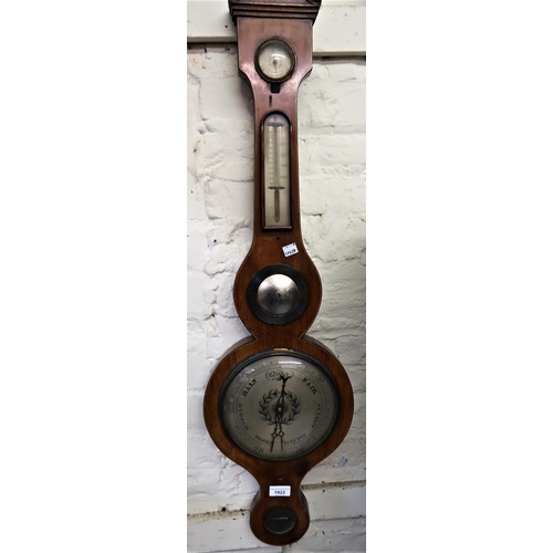 1922 - George III mahogany and line inlaid banjo shaped wheel barometer, (at fault)