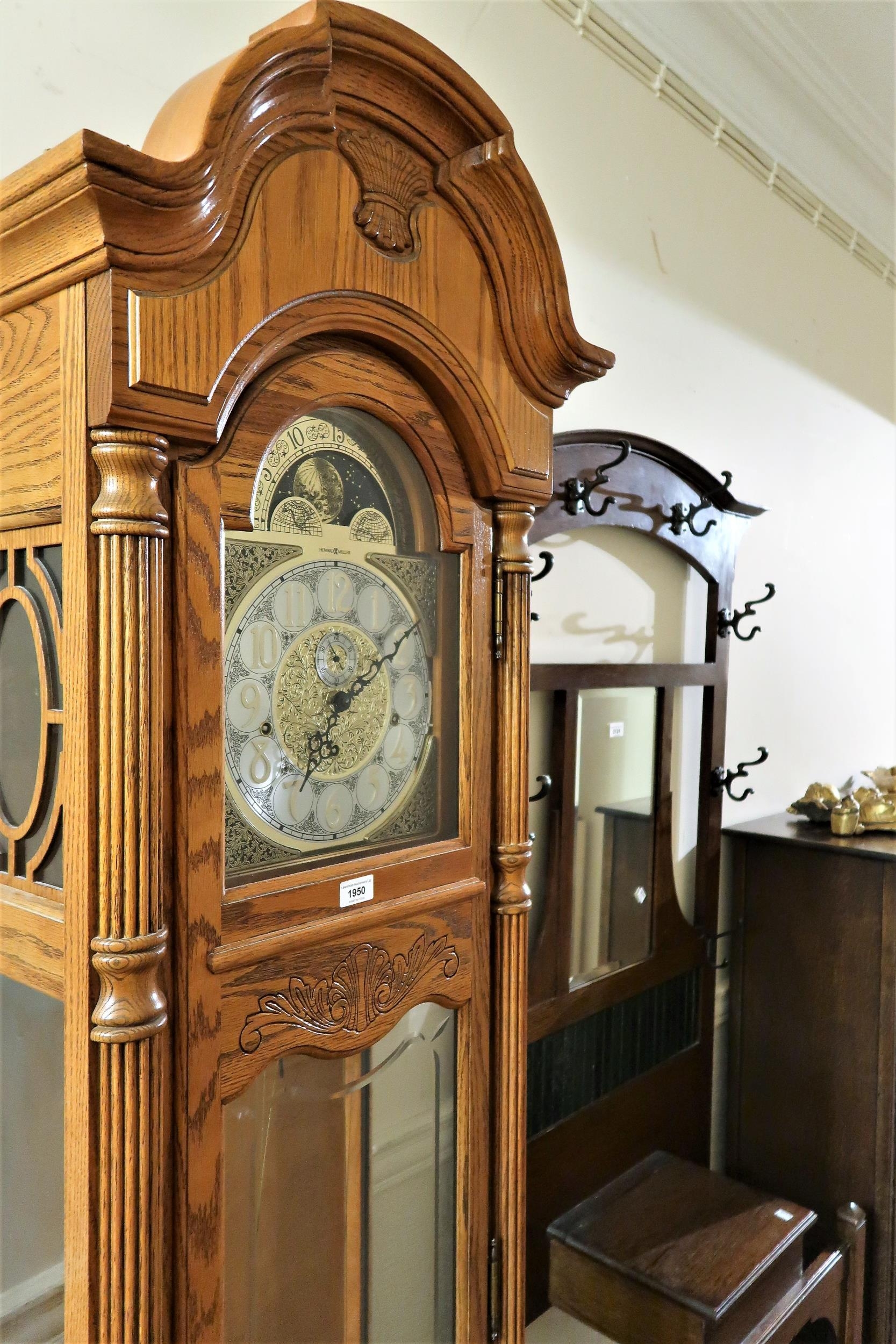 Modern reproduction light oak longcase clock with moonphase dial