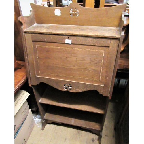 2055 - Arts and Crafts oak bureau, the inlaid fall front above open shelves, 25.5ins x 48ins