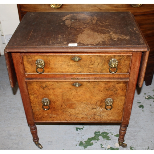 2059 - 19th Century walnut and mahogany drop-leaf side cabinet, 26ins wide (leaves dropped), with shallow d... 