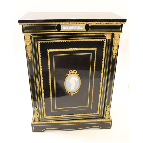 2313 - 19th Century ebonised and ormolu mounted single door pier cabinet inset with two Wedgwood blue jaspe... 