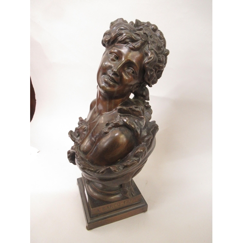 2318 - Albert Darcq, brown patinated bronze bust of a girl, signed on the platform base, 18ins high