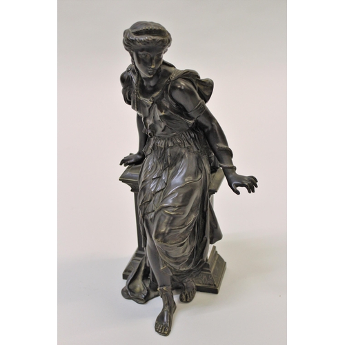 2319 - Henry Dumaige, brown patinated bronze figure of a girl seated on a column, signed, 13ins high