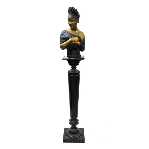 2323 - Painted plaster bust of a semi nude classical female mounted on an ebonised column support, 67ins hi... 