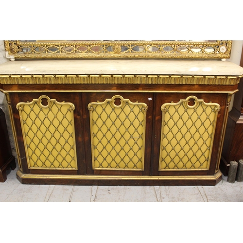 2326 - 19th Century rosewood and parcel gilt side cabinet in Regency style, the marble top above a moulded ... 