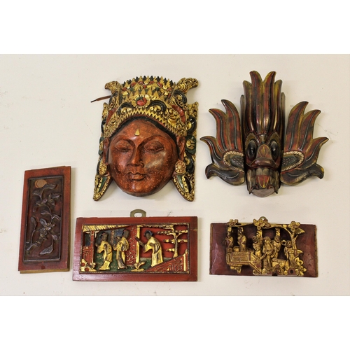 2334 - Collection of various Chinese carved and gilded wall plaques and wall masks