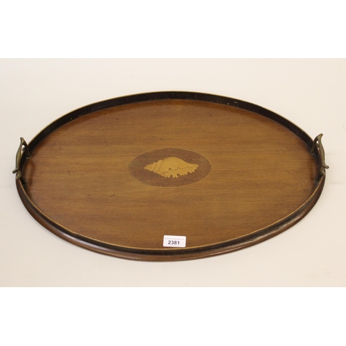 2381 - Edwardian mahogany and shell inlaid oval galleried tray with brass end handles, mahogany corner wash... 