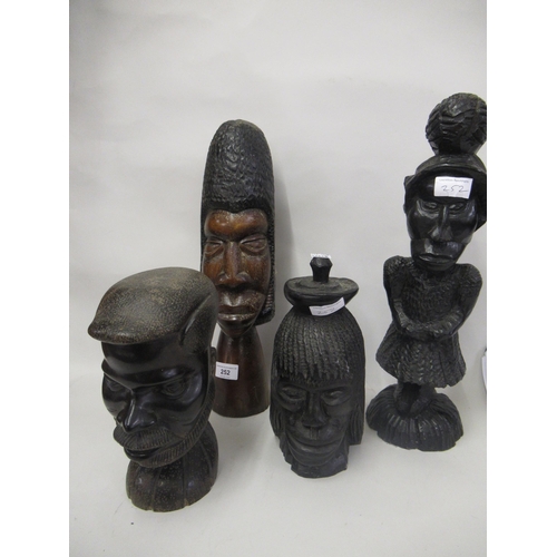 252 - Group of African carved hardwood heads and figures