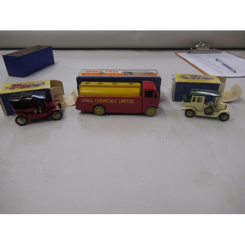 346 - Boxed Dinky diecast metal AEC tanker, together with two boxed Matchbox models of Yesteryear