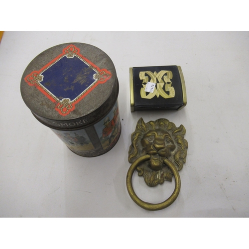 417 - Marcella All Ranks cigar can, small metal box and a brass lion's head door knocker