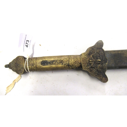 473 - Eastern sword with brass grip and gilt decorated scabbard