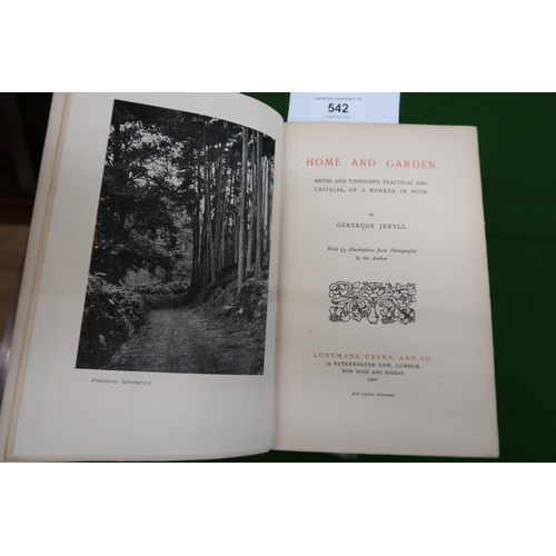 542 - Gertrude Gekyll, one volume ' Home and Garden ', Longmans Green & Co. 1900 part leather bound, toget... 