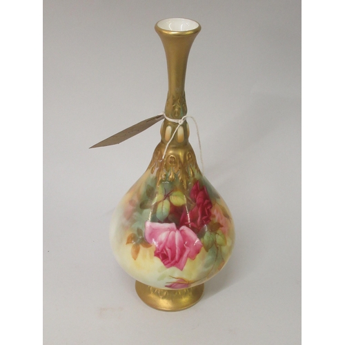 631 - Royal Worcester baluster form vase with narrow neck, painted red and pink roses by Sedgley, date cod... 