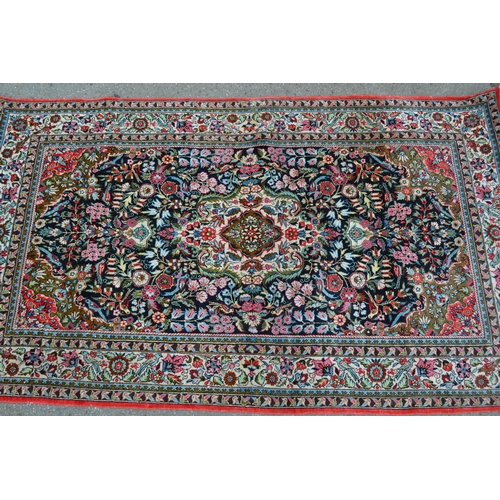72 - Small modern Persian silk rug with a lobed medallion and all-over stylised floral and bird design, o... 