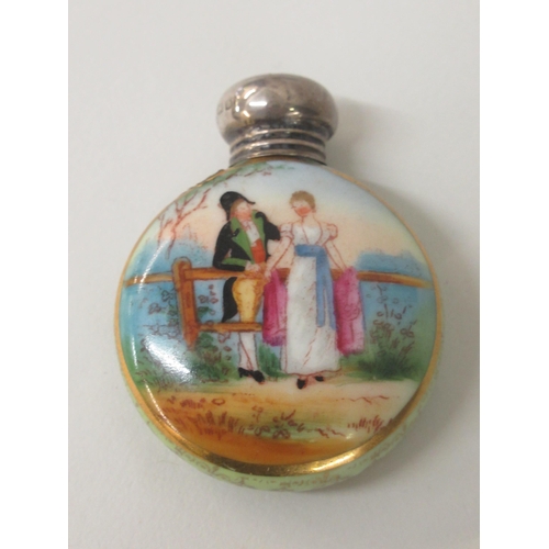 771 - Small continental porcelain perfume bottle decorated with a lady and gentleman having silver screw t... 