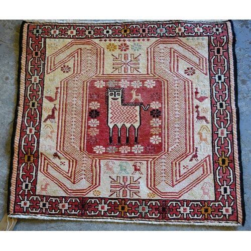 82 - Small Soumak mat with a polychrome banded design, 3ft 5ins x 2ft approximately, together with two si... 