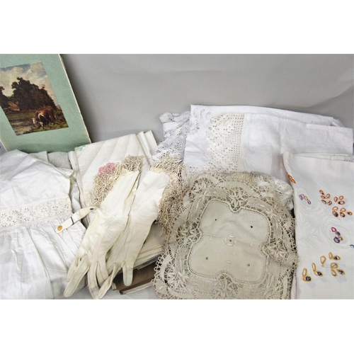 91 - Box containing a large quantity of various table linen including a pair of ladies kid leather gloves... 