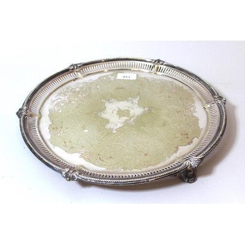 953 - Silver plated circular floral engraved and pierced salver (plating worn)