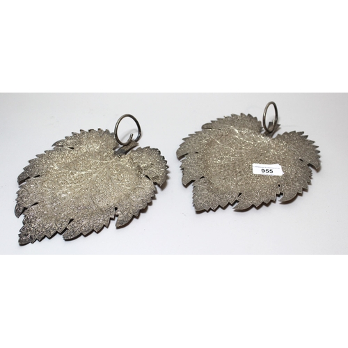 955 - Pair of silver Kashmir Chinar leaf form plates (repairs to handle)