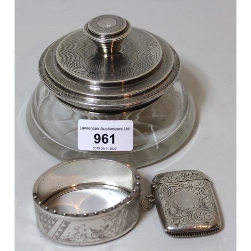 961 - 1930's Art Deco silver lidded and cut glass dressing table jar, silver bangle and a silver vesta cas... 