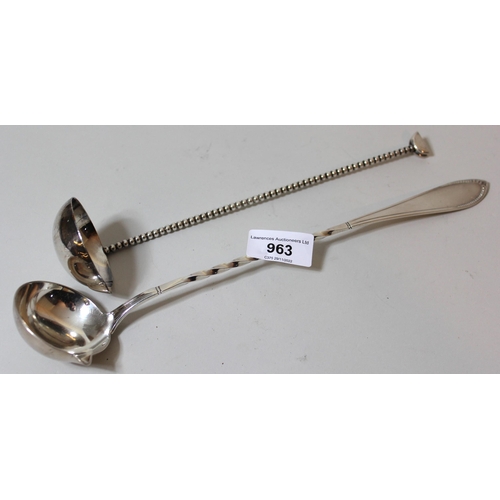 963 - Continental white metal ladle with twisted handle, together with another silver plated ladle