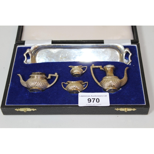 970 - Miniature Birmingham silver four piece teaset on tray in fitted box