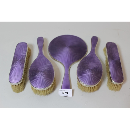 973 - Birmingham silver and purple translucent enamel five piece dressing table set