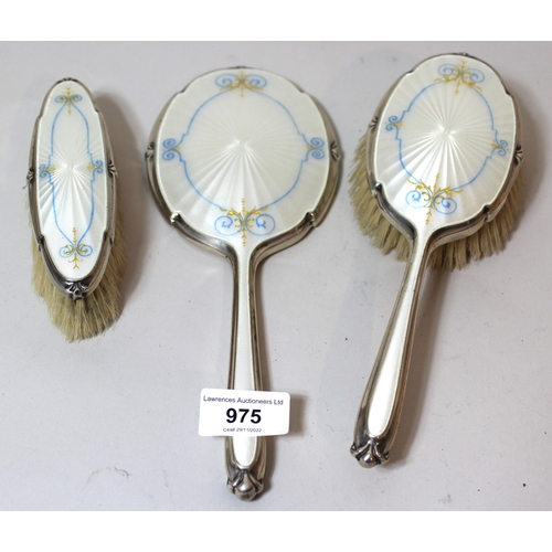 975 - Birmingham silver and translucent enamel three piece dressing table set, decorated with pale blue an... 