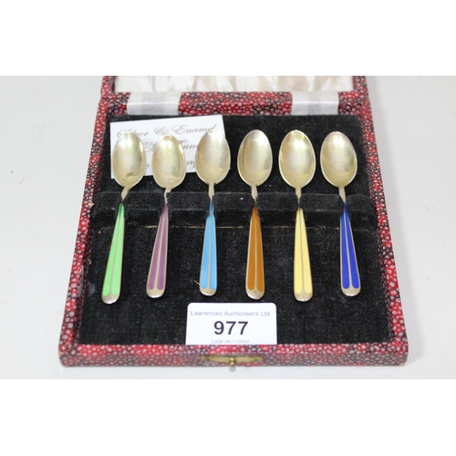 977 - Cased set of six Continental silver gilt and enamel decorated coffee spoons