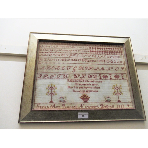 98 - 19th Century alphabet and pictorial sampler by Sarah Ann Russell, Newport Pagnell, 1856, 18ins x 15i... 