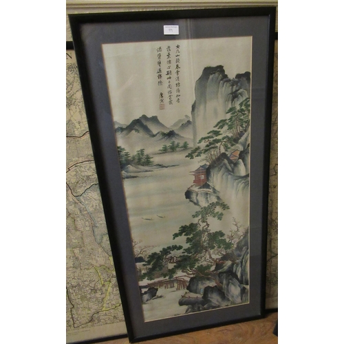 99 - Pair of Chinese machine embroidered wall panels, river landscapes, framed 41ins x 20.5ins