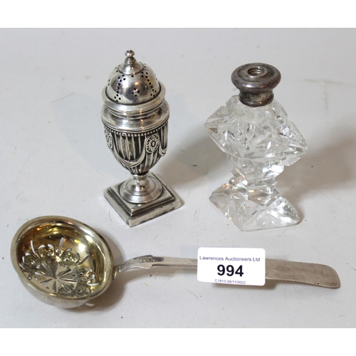 994 - Victorian silver pedestal pepper, cut glass silver mounted perfume bottle (at fault) and a silver (8... 