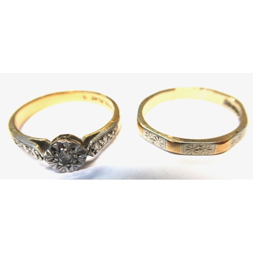 1340B - 9ct gold wedding band together with an 18ct gold ring set with a diamond in illusion setting