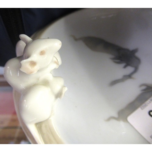 666 - Rare Royal Copenhagen trinket dish, mounted with a figure of an owl and three figures mice, 4.75ins ... 