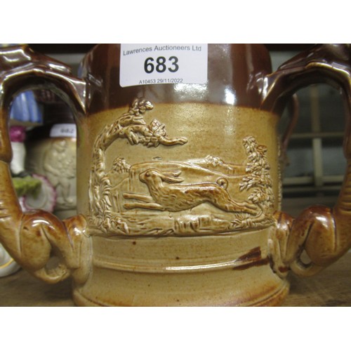 683 - 19th Century salt glazed mug with relief moulded animal decoration and three greyhound handles, 5ins... 