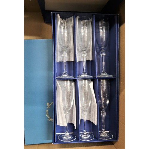 893 - Quantity of boxed drinking glasses, The Victoria Collection, together with a set of three decanters ... 