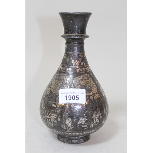 1905 - Indian silver inlaid Bidri ware vase of baluster form, 7.75ins