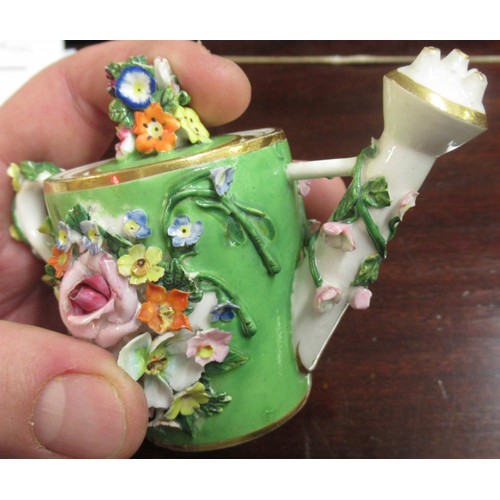 719 - Duesbury Derby miniature floral encrusted sander, together with another similar, painted with a land... 