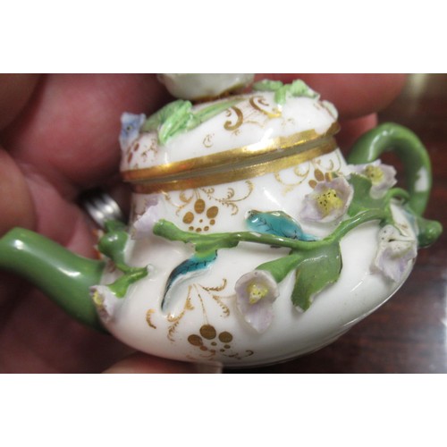 719 - Duesbury Derby miniature floral encrusted sander, together with another similar, painted with a land... 