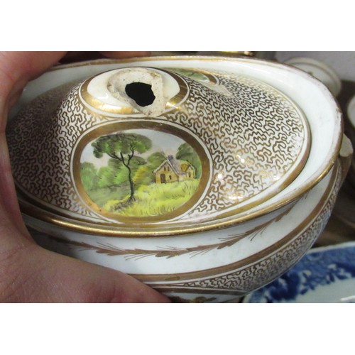 842 - Miles Mason, 19th Century part tea service decorated with panels of landscapes, (with damages)