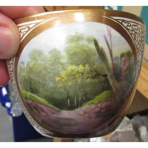 842 - Miles Mason, 19th Century part tea service decorated with panels of landscapes, (with damages)