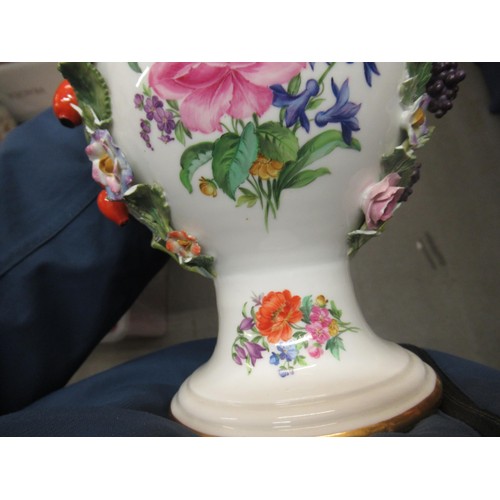 885 - Pair of 20th Century Meissen two handled vases painted with flowers, 10ins high (with damages)