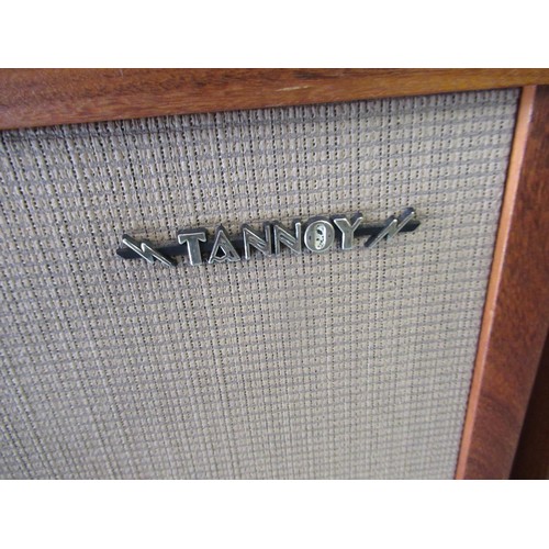 393 - Pair of vintage Tannoy hi-fi speakers in teak cases, 21.5ins x 33ins overall, label verso Tannoy, En... 