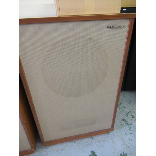 393 - Pair of vintage Tannoy hi-fi speakers in teak cases, 21.5ins x 33ins overall, label verso Tannoy, En... 