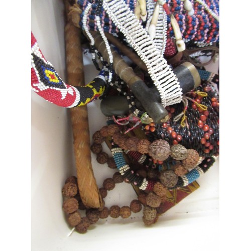 370 - Box containing a large collection of various native beadwork items, including belts, necklaces etc.,... 