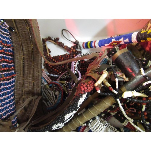 370 - Box containing a large collection of various native beadwork items, including belts, necklaces etc.,... 