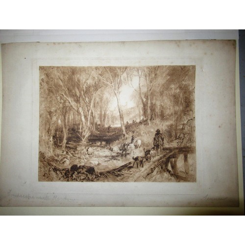 1483 - After J.M.W Turner, mezzotint landscape with huntsmen, 9.75ins x 13.75ins approximately, unframed